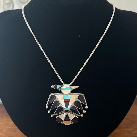 Vintage Old Pawn Zuni Sterling Silver Inlay Thunderbird Pendant Brooch Necklace - Picture 2 of 9
